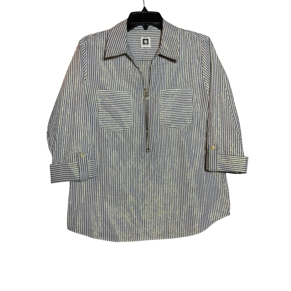 Anne Klein Womens Gray Gold Metallic Striped Zip Front Lion Head Blouse- Medium